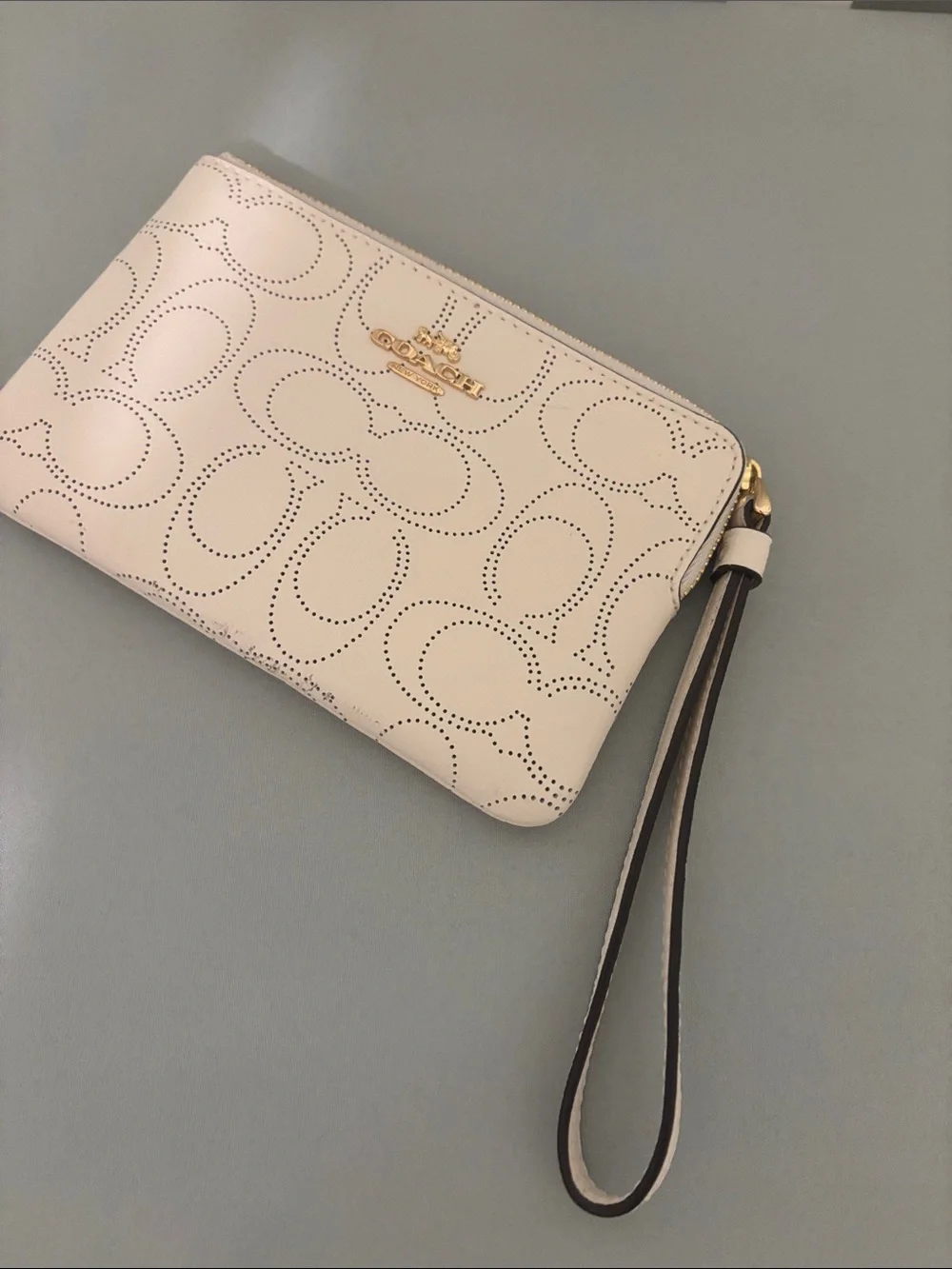 Coach Perforated Signature Leather Wristlet in Cream with Gold Hardware